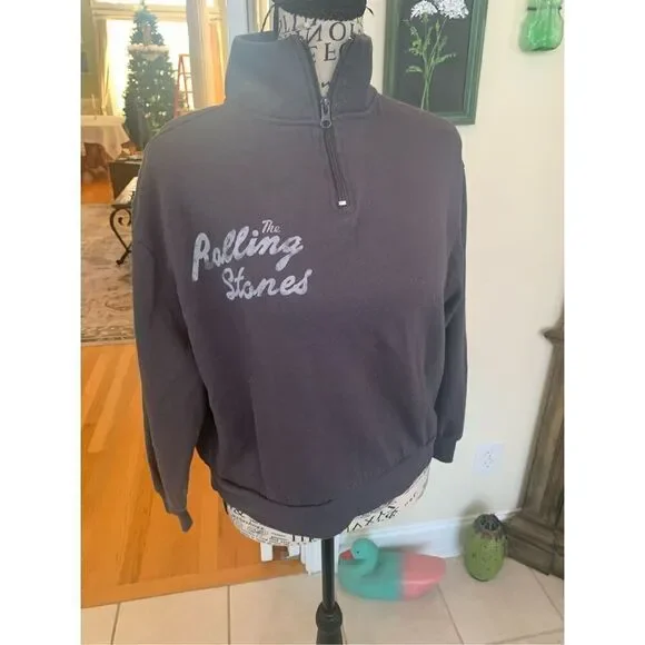 Vintage THE ROLLING STONE Women Quarter Zipper Cropped Sweatshirt Big Logo on Ba - Picture 1 of 7